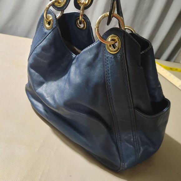 Michael Kors Ludlow Handbag Blue Soft Leather Tote Purse Gold Drawstring Details - Picture 8 of 14